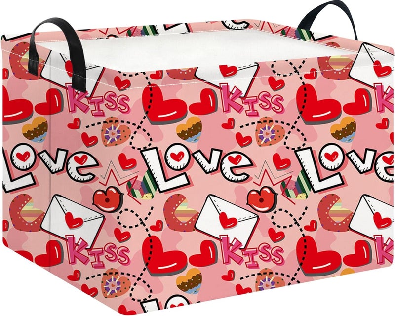 NTAOHAMPER Rectangular Heart Print Storage Basket Empty,Collapsible Gift Basket with Handles,Books Box,Room Decor(Love Letter) - Image 1